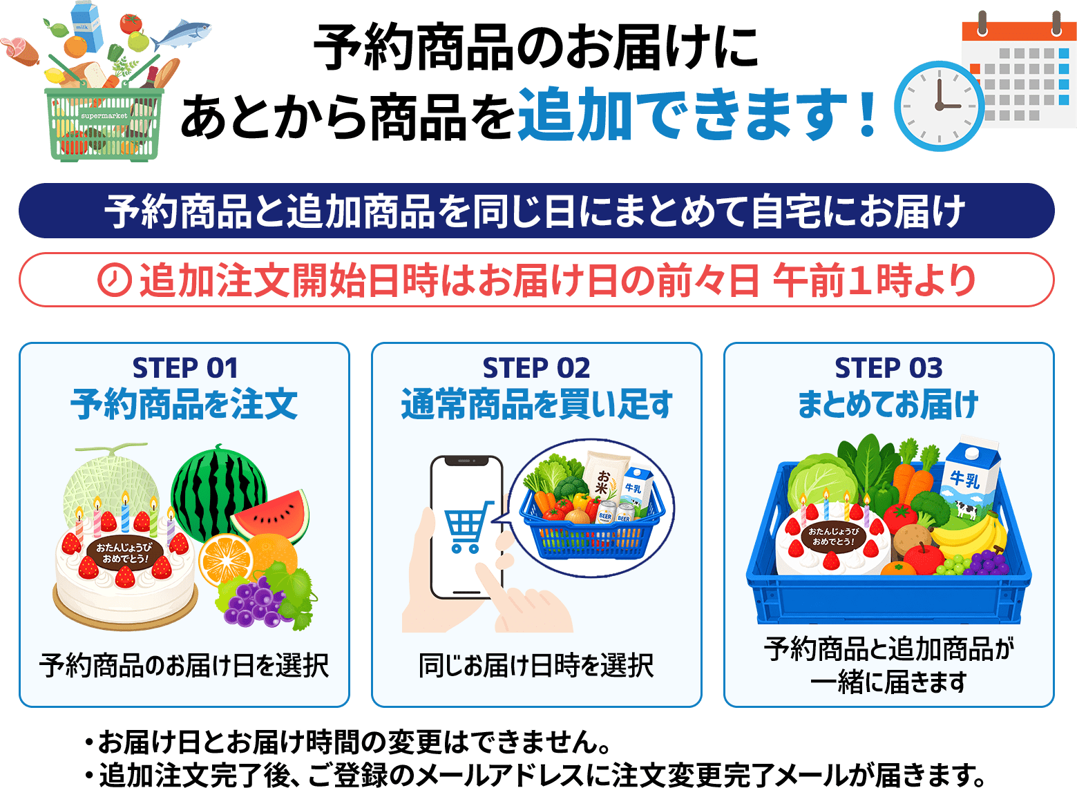 
                            予約商品のお届けにあとから商品を追加できます！
                            予約商品と追加商品を同じ日にまとめて自宅にお届け
                            追加注文開始日時はお届け日の前々日 午前１時より
                            STEP 01　予約商品を注文　予約商品のお届け日を選択
                            STEP 02　通常商品を買い足す　同じお届け日時を選択
                            STEP 03　まとめてお届け　予約商品と追加商品が一緒に届きます
                            ・お届け日とお届け時間の変更はできません。
                            ・追加注文完了後、ご登録のメールアドレスに注文変更完了メールが届きます。
                            